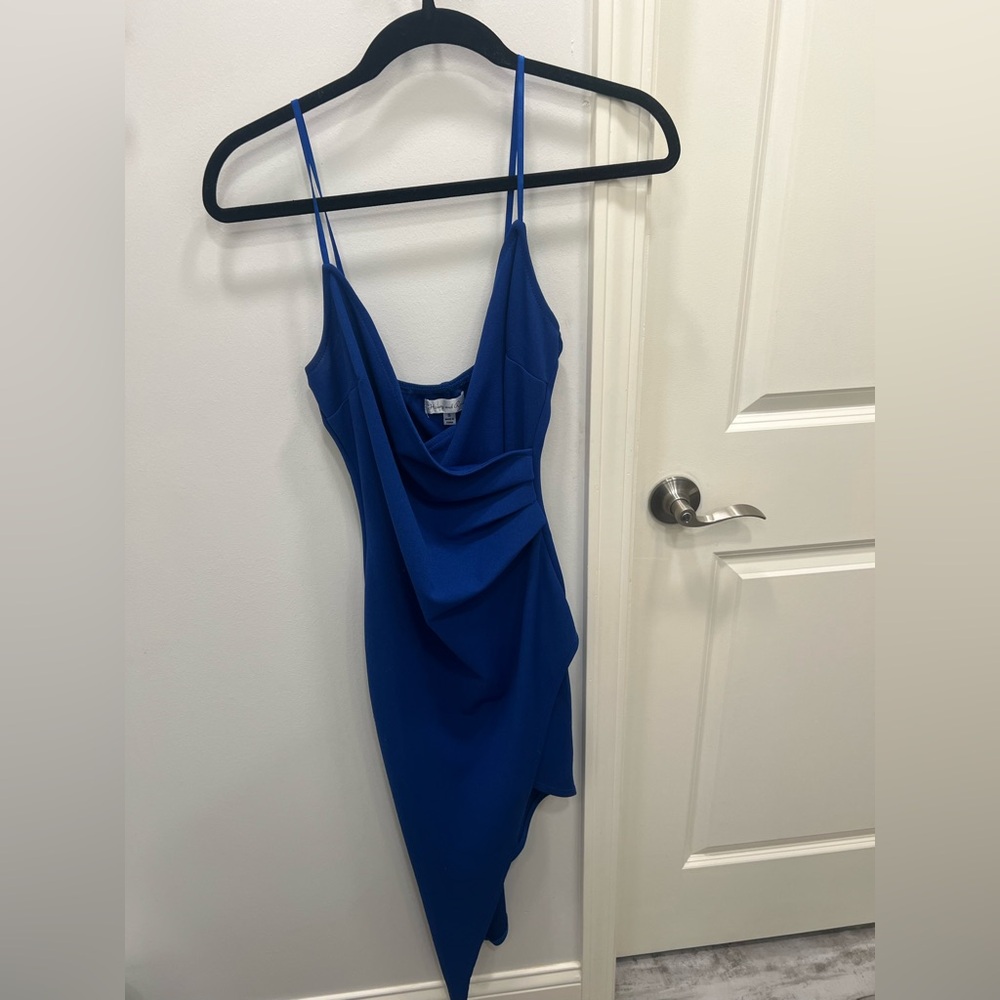 Teen party dress, perfect blue, asymmetric hem; Windsor, small